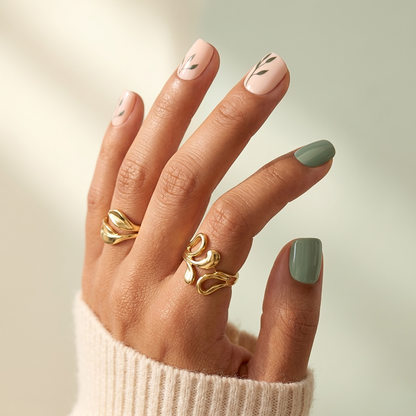 Short square soft gel press-ons, nude nails with green leaf accents and sage green nails