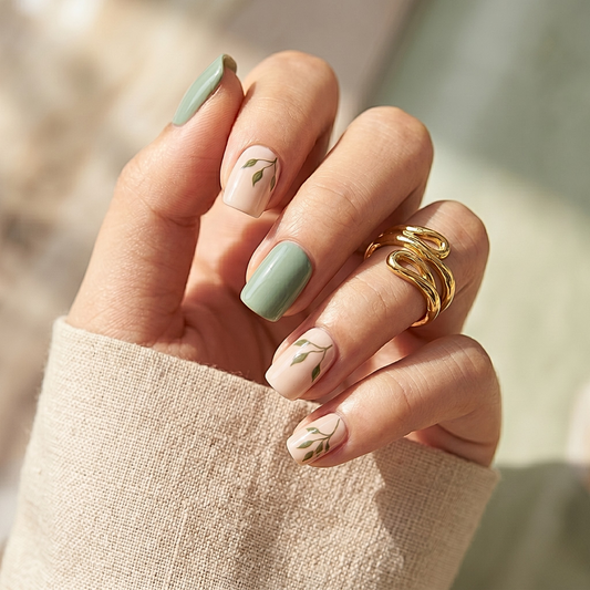 Short square soft gel press-ons, sage green and nude with trailing vine leaf design