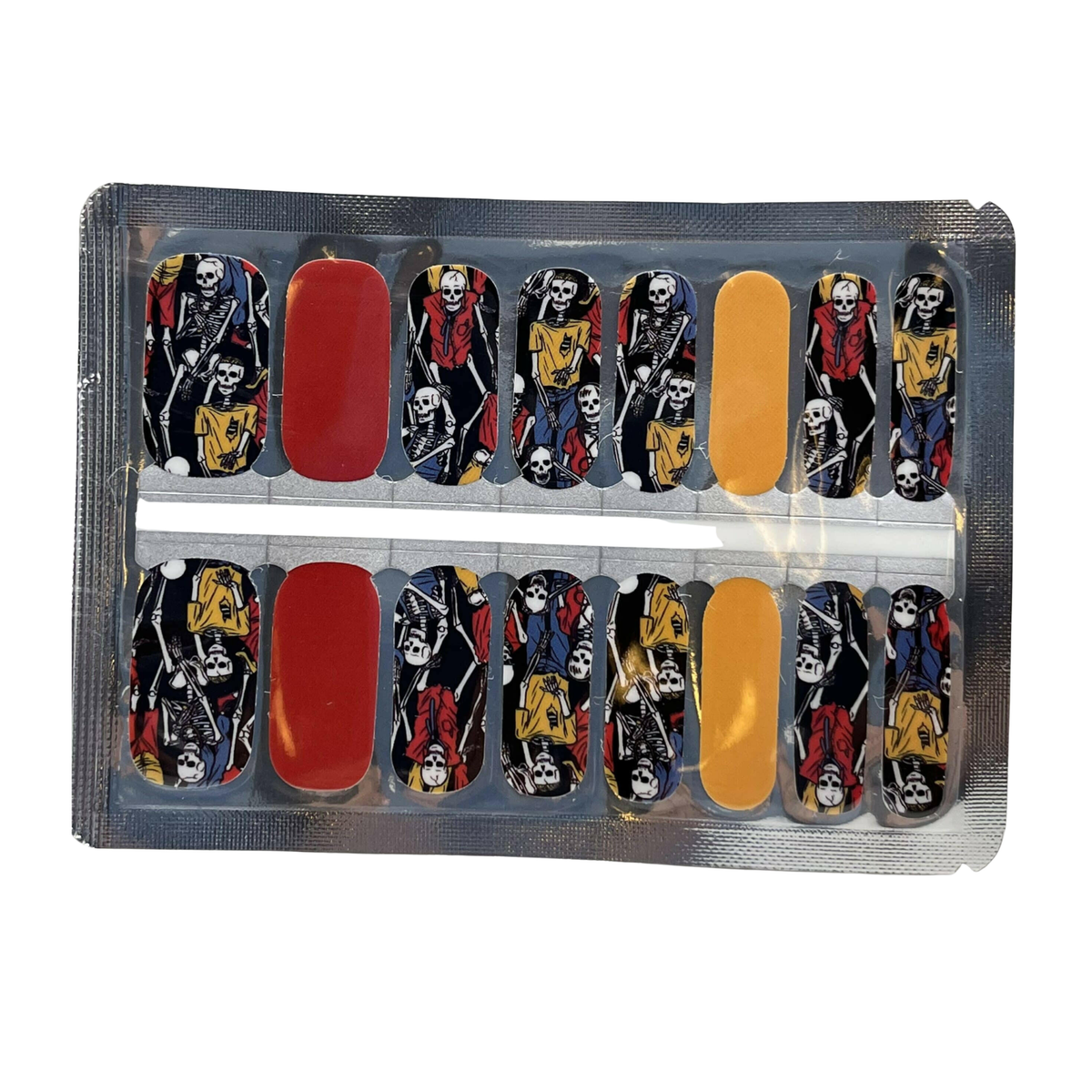Holy Classics nail wraps with skeleton print, solid red and mustard accent nails