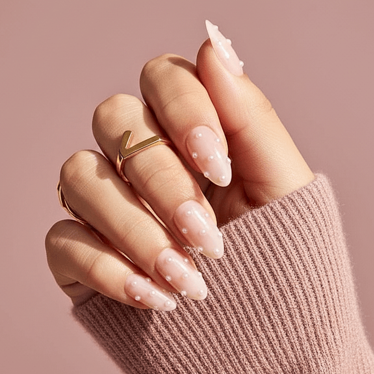 Sheer milky pink almond press-on nails with tiny white pearl bead accents.