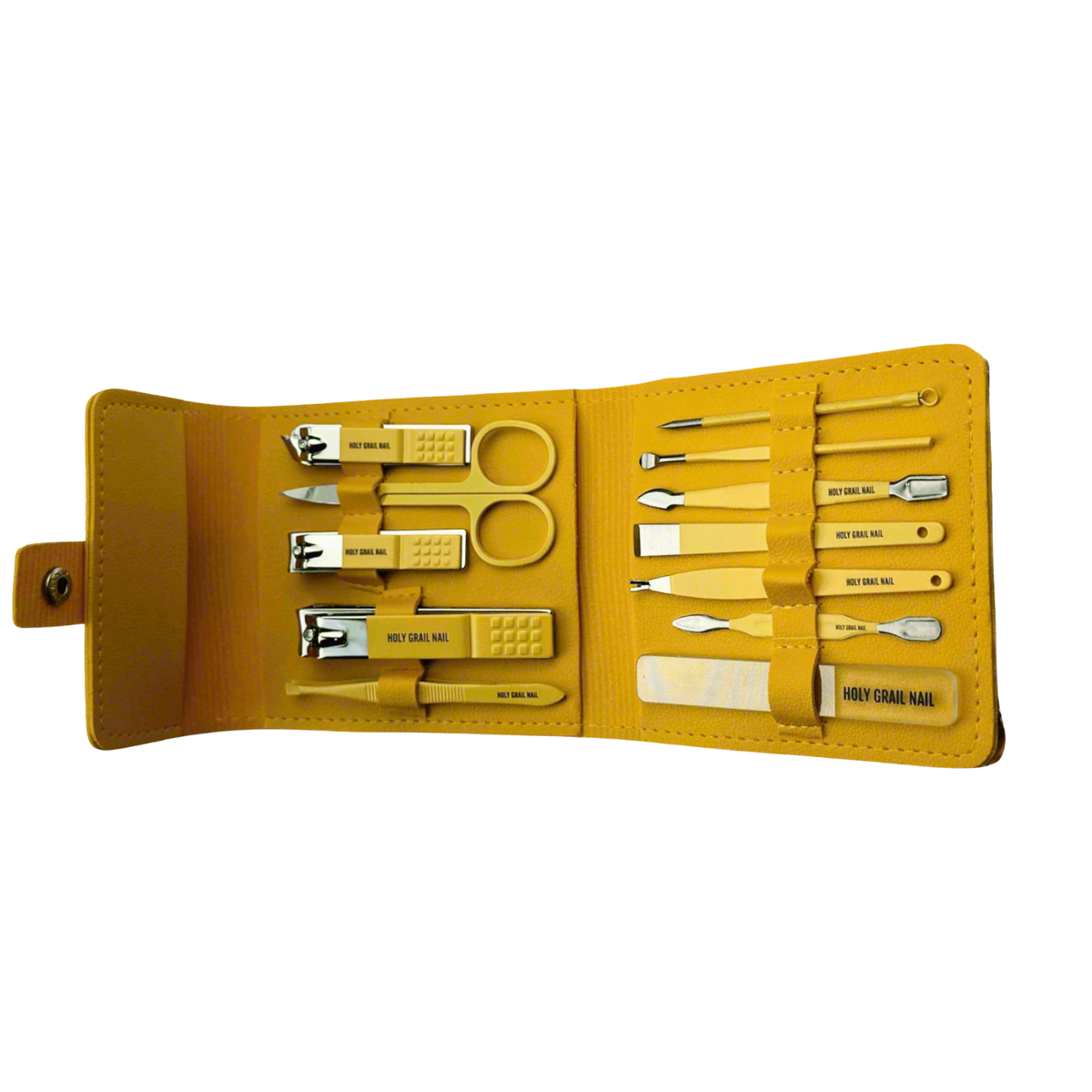 Holy Grail Nail 10-piece manicure tool set in yellow leather-look travel case.