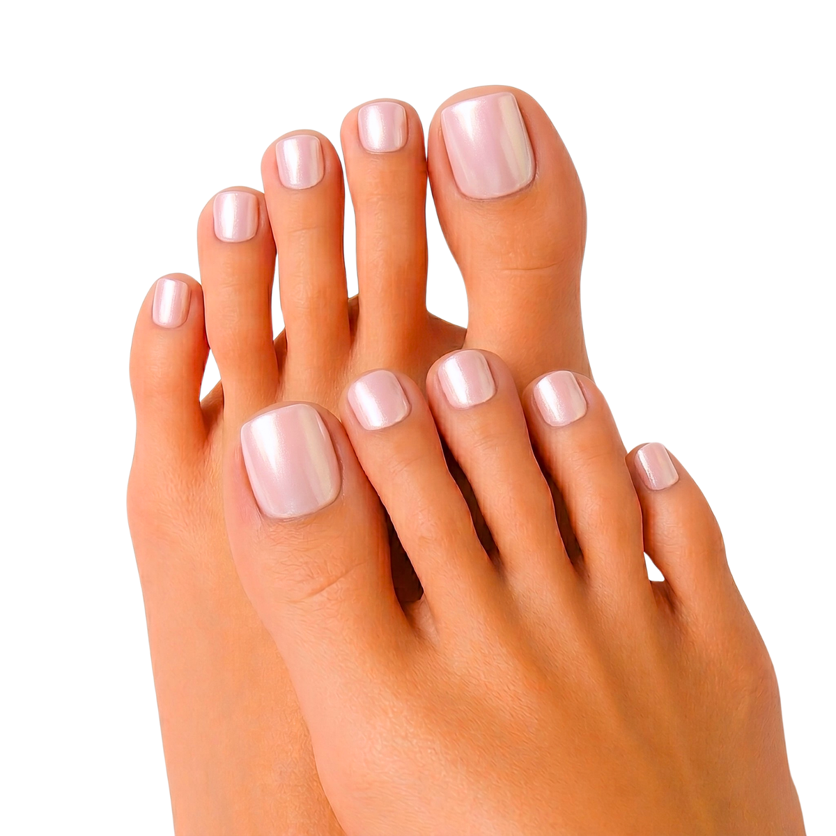 Pearlescent pale pink toenail wraps with shimmer finish on toes