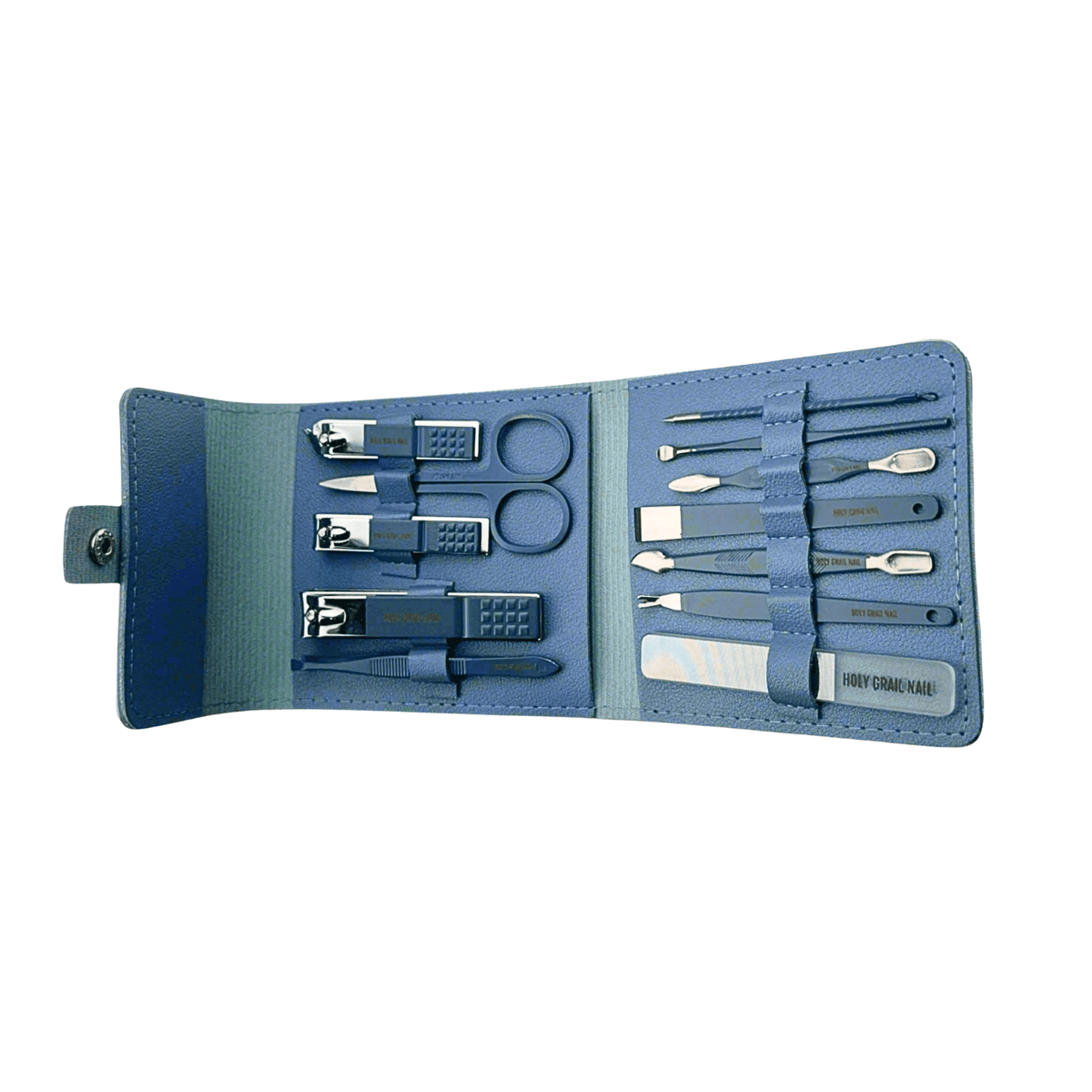 Holy Grail Nail manicure tool kit in blue leather case with clippers and files