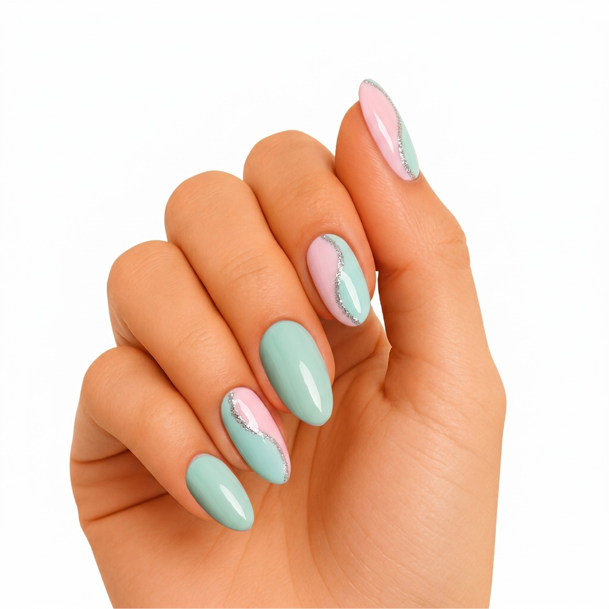 Mint green and pink glossy nail wraps with silver glitter swirl accent line