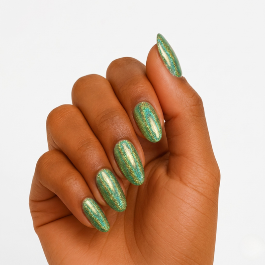 Green holographic semi-cured gel wraps with shimmering gold-toned iridescent shine on almond nails