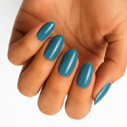 Teal-blue glossy nail wraps in almond shape, solid colour, Turquoise Seas Holy Classics