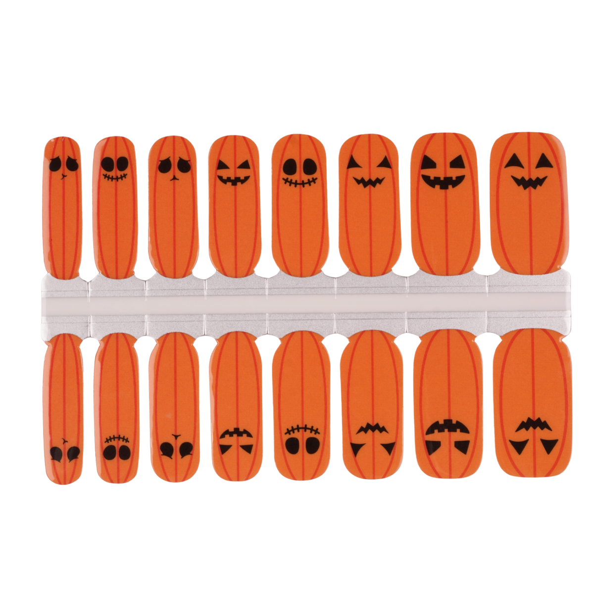 Orange nail wraps with jack-o'-lantern pumpkin faces, glossy Halloween nail design