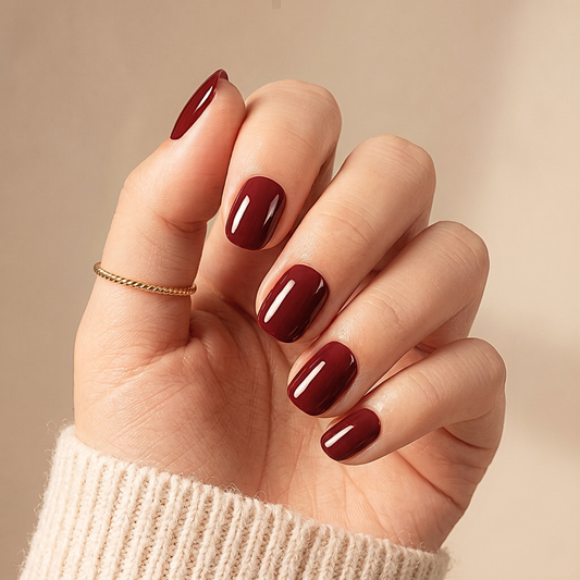 Dark burgundy glossy soft gel press-on nails in a short squoval shape.