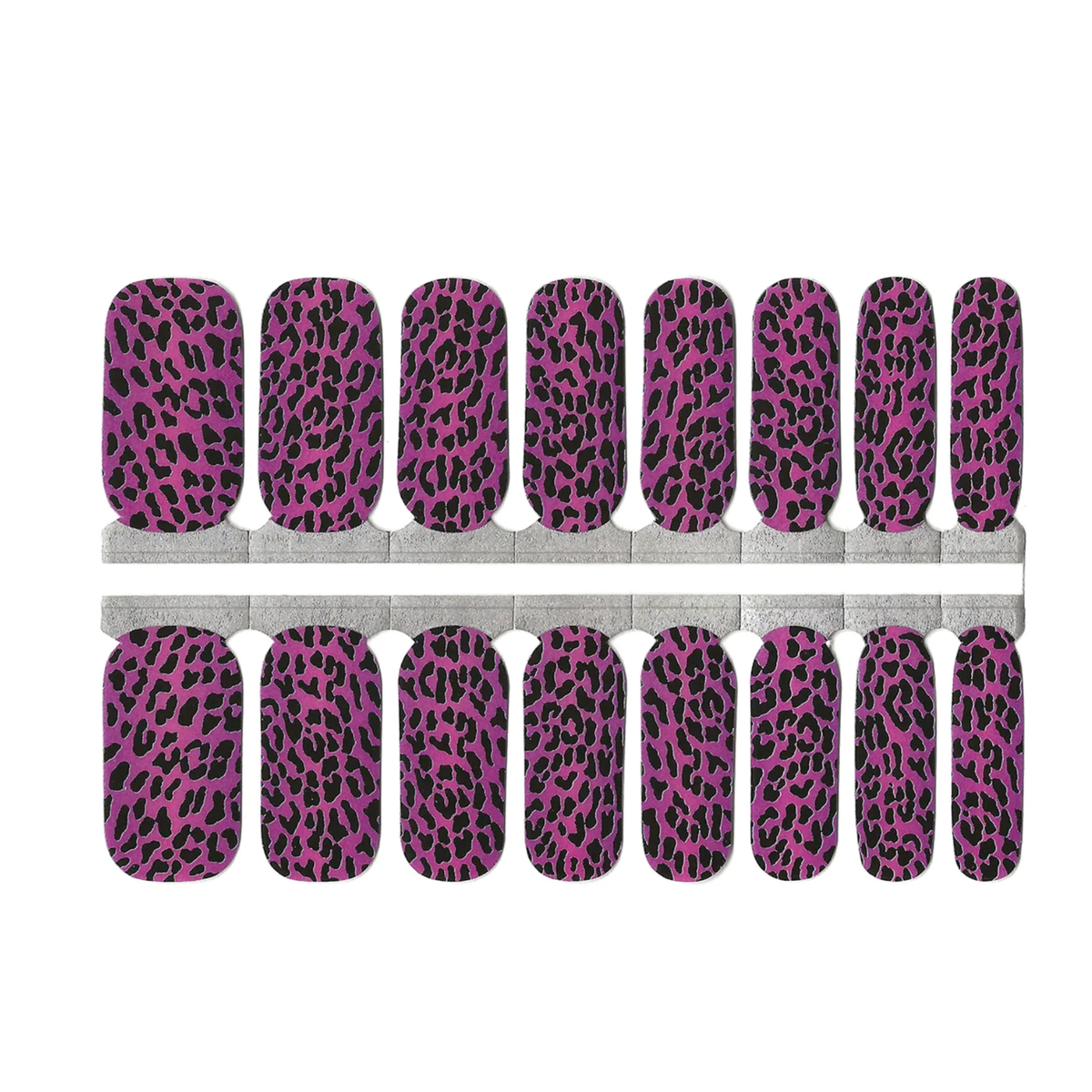 Magenta pink nail wraps with black leopard print pattern, full nail cover set