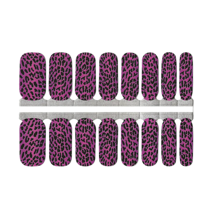 Magenta pink nail wraps with black leopard print pattern, full nail cover set