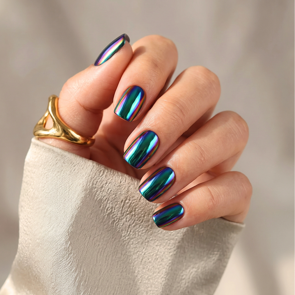 Short square press-on nails in oil-slick chrome finish with blue, green and purple iridescent shine.