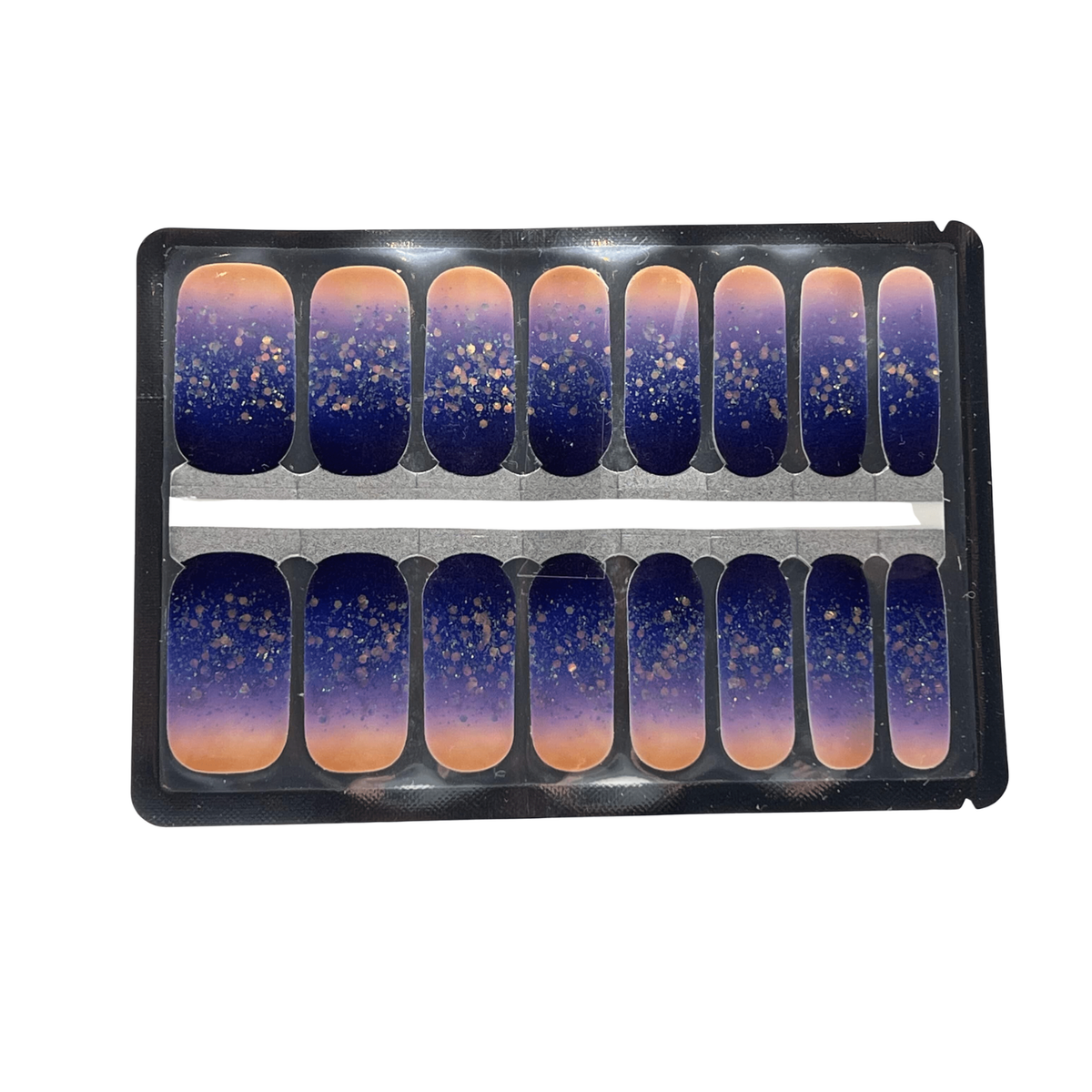 Holy Classics nail wraps, peach-to-navy ombré with gold glitter flecks