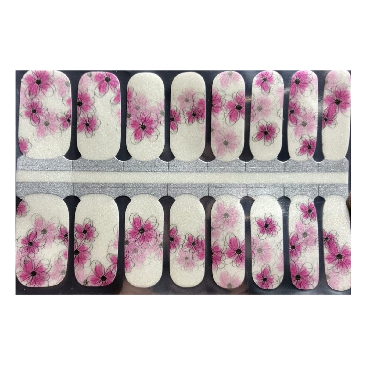 Cream nail wraps with sheer pink watercolour floral design and grey outline sketches
