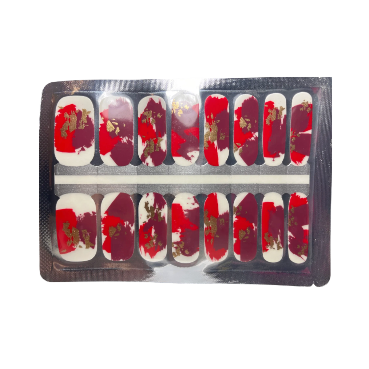 Holy Classics non-UV nail wraps in red and burgundy abstract brushstroke design with gold foil flecks