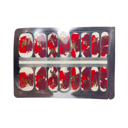 Holy Classics non-UV nail wraps in red and burgundy abstract brushstroke design with gold foil flecks