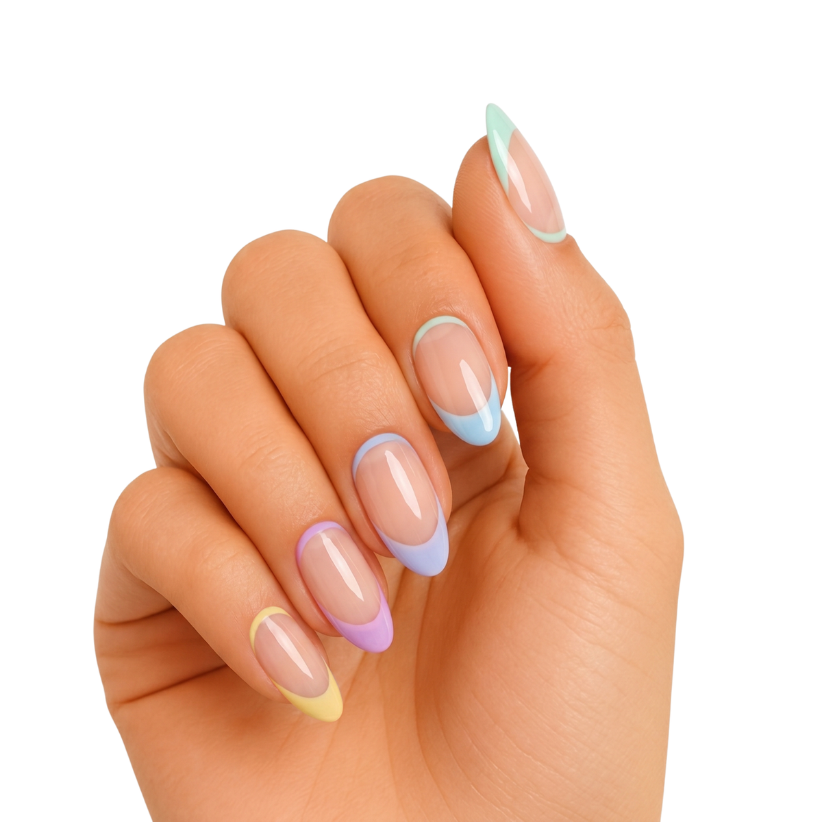 Glossy nude nails with pastel rainbow French tips in almond shape