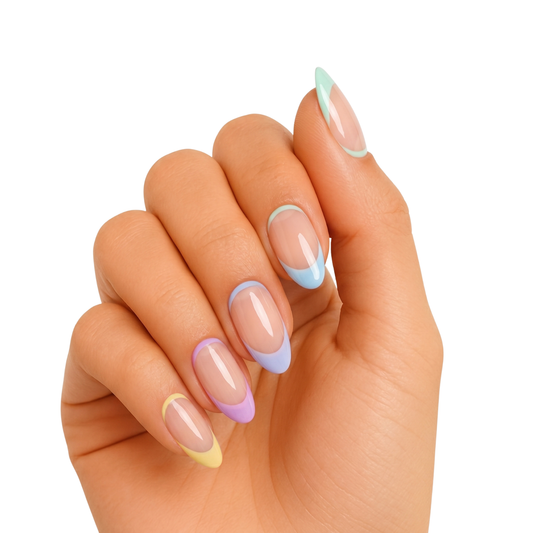 Glossy nude nails with pastel rainbow French tips in almond shape