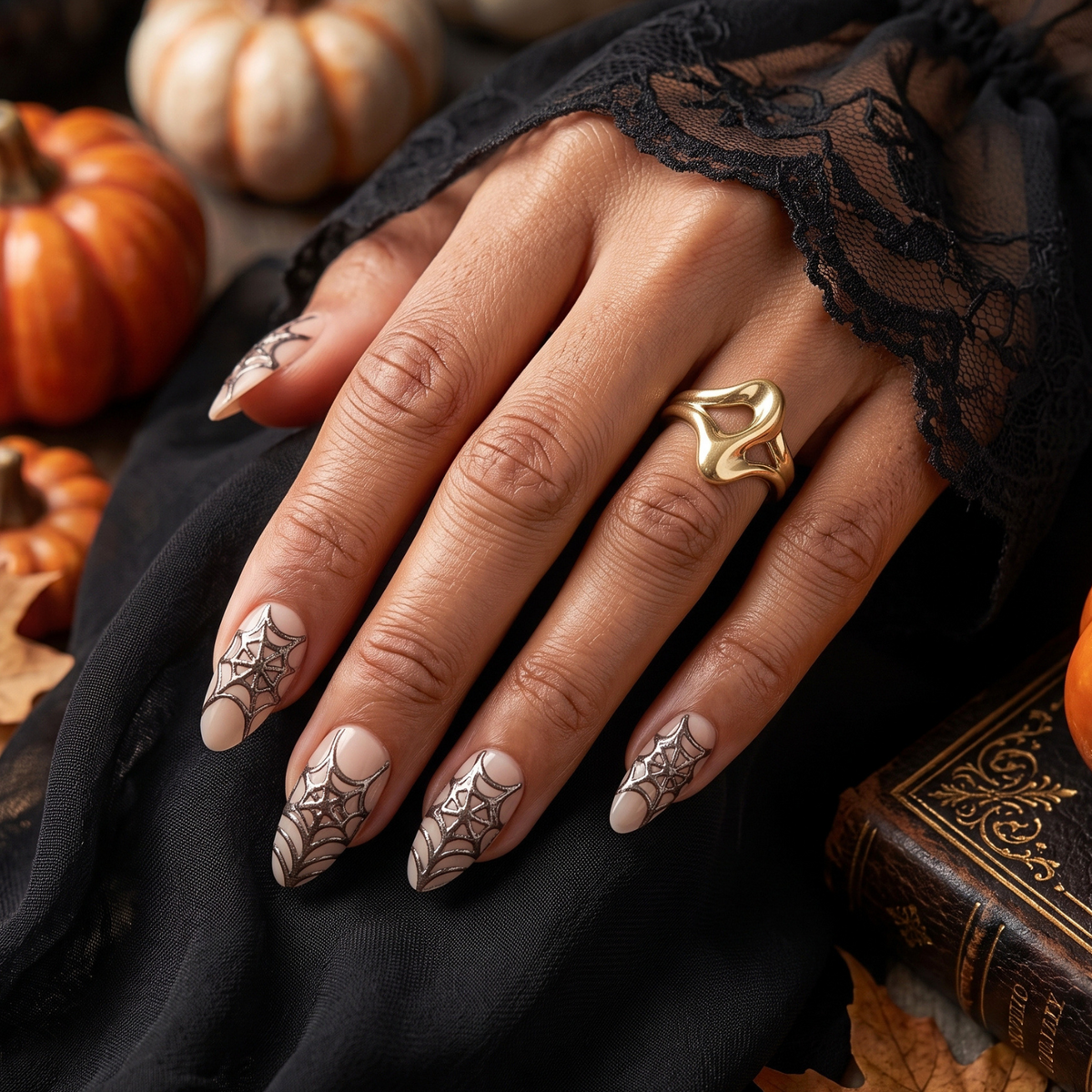 Sheer nude almond soft gel press-ons with black spiderweb corner designs