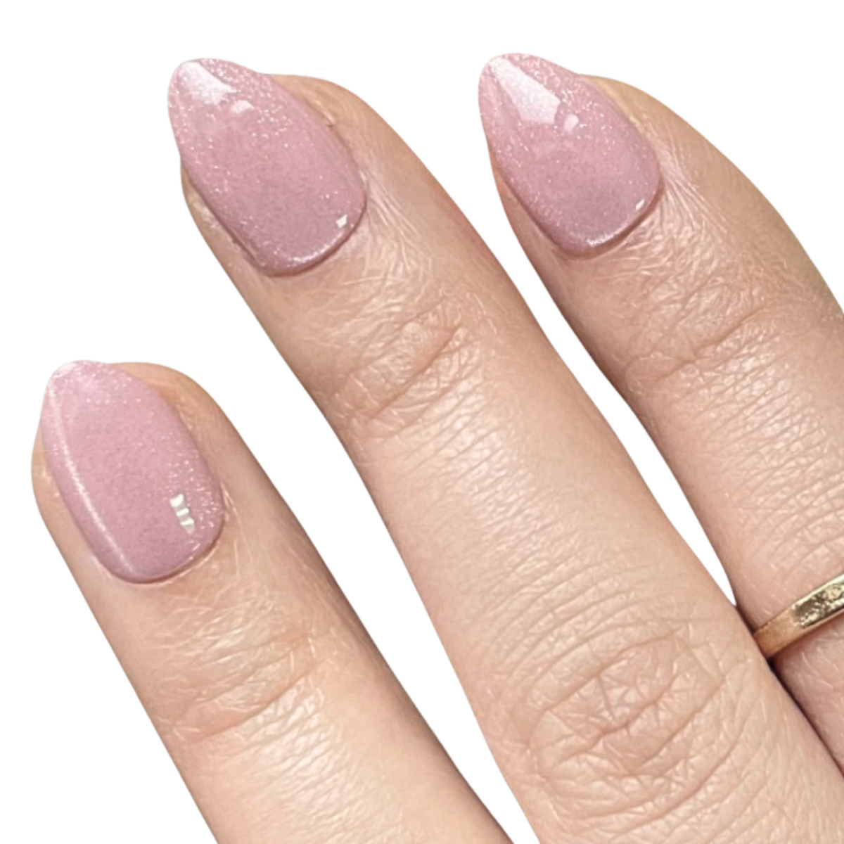Mauve-pink shimmer soft gel press-on nails, glossy finish, extra short natural almond shape.