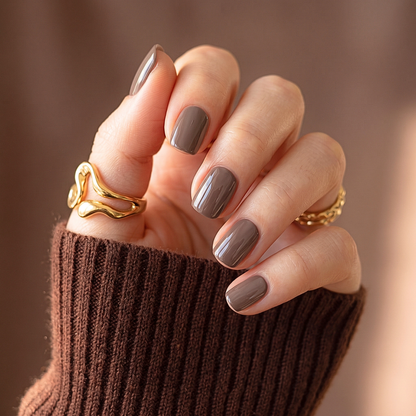 Extra short square press-on nails in glossy taupe-brown chestnut shade