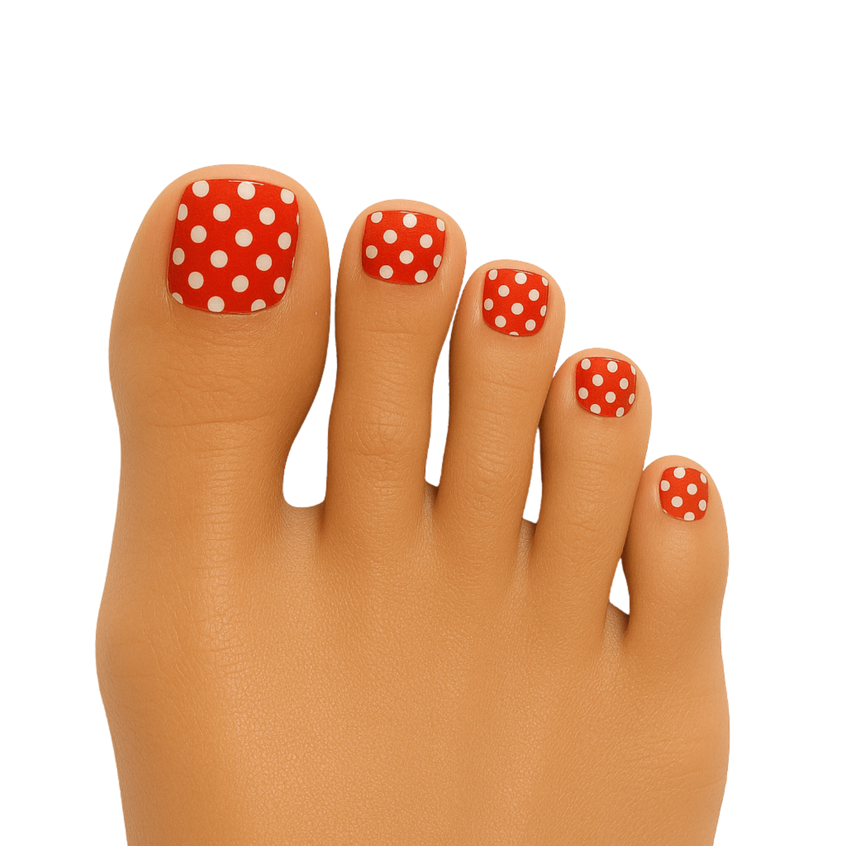Red pedicure nail wraps with white polka dot pattern, glossy finish toenail strips