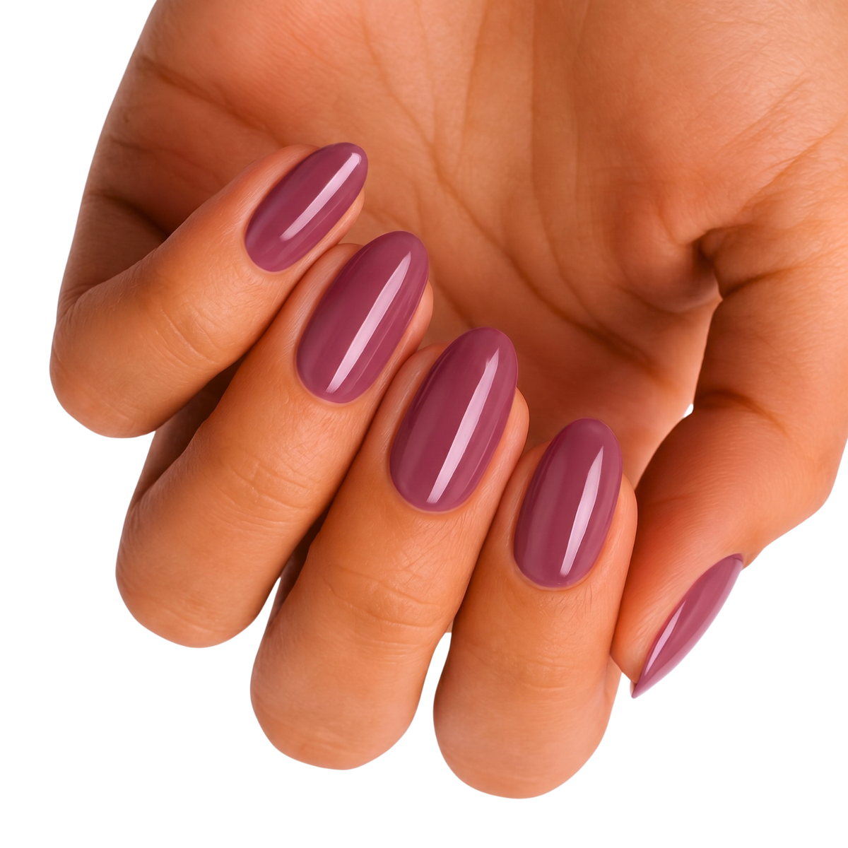 Mauve-pink glossy nail wraps in a solid colour on almond-shaped nails