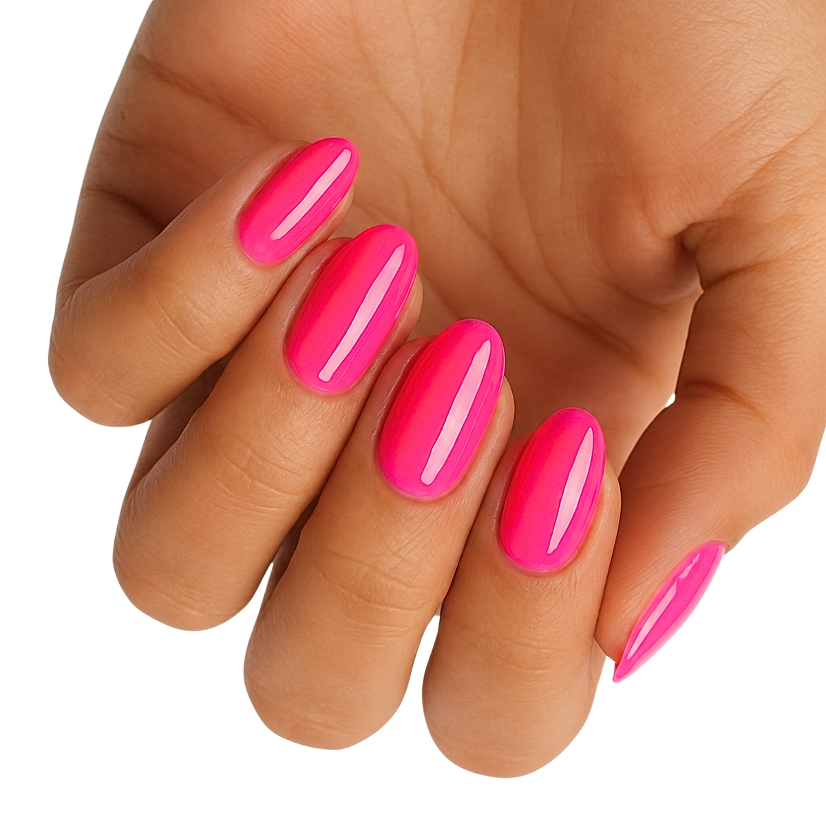 Neon pink glossy nail wraps with a bright high-shine finish on almond-shaped nails