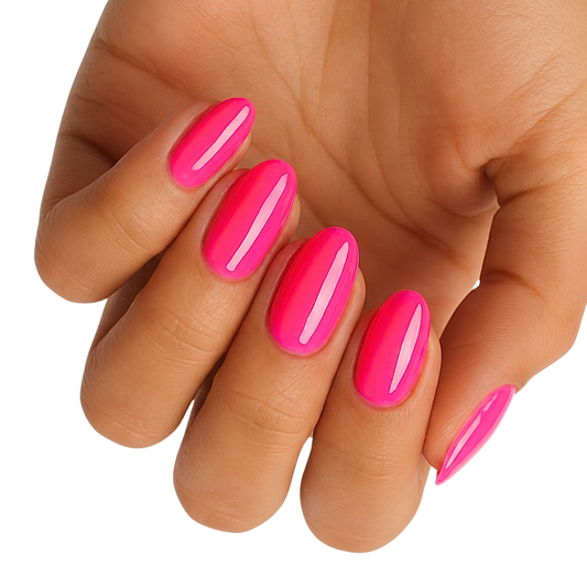 Neon pink glossy nail wraps with a bright high-shine finish on almond-shaped nails