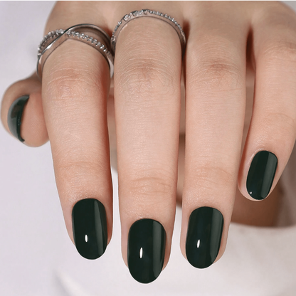 Dark hunter green glossy soft gel press-on nails, short oval shape