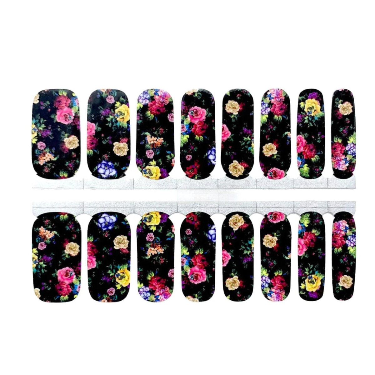 Black nail wraps with colourful floral bouquet print in pink, yellow and purple tones