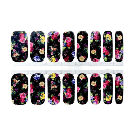 Black nail wraps with colourful floral bouquet print in pink, yellow and purple tones
