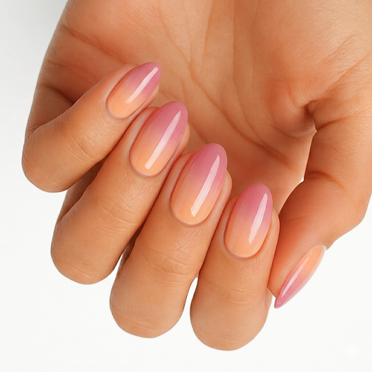 Almond nail wraps with pink-to-peach ombré gradient and glossy finish
