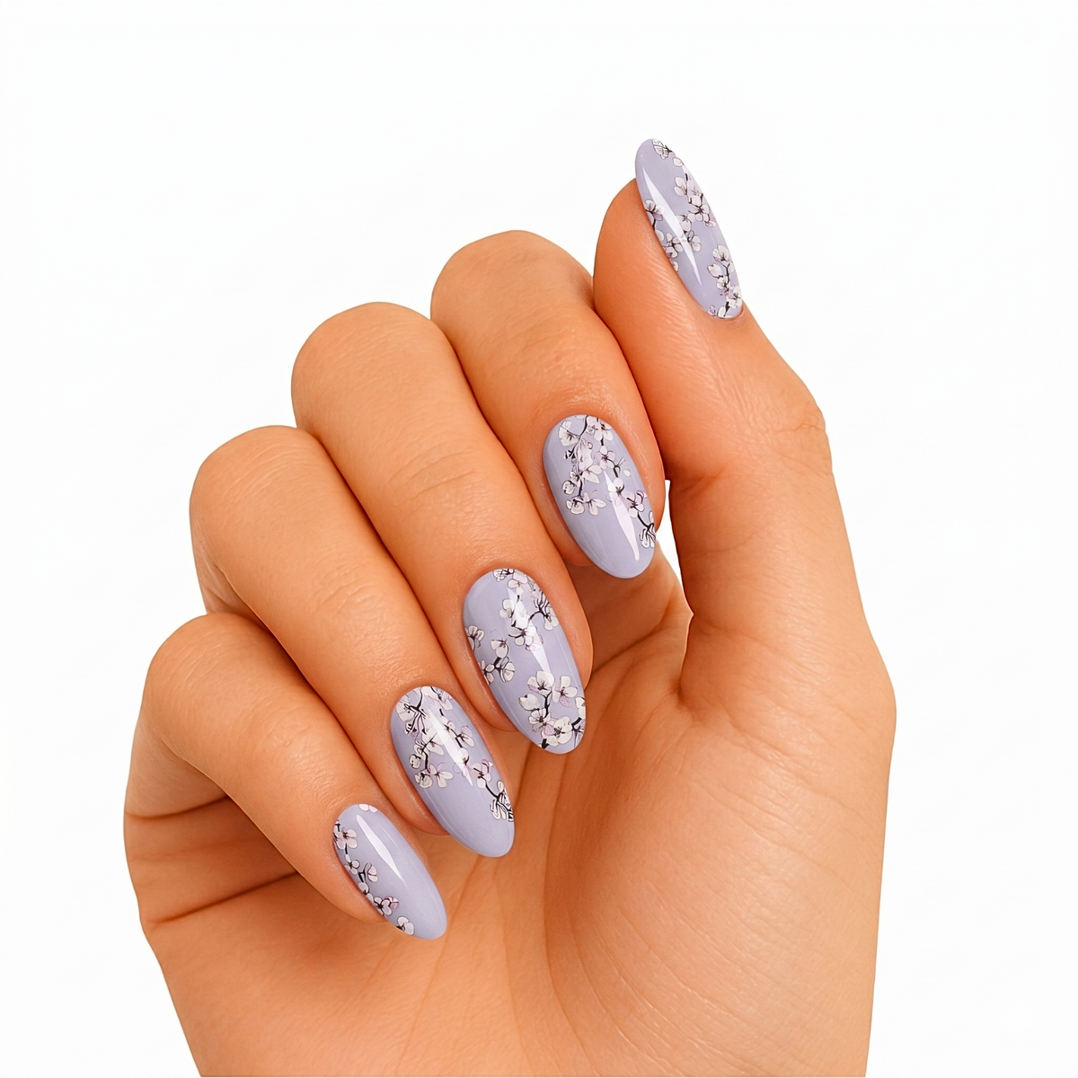 Lavender-grey glossy semi-cured gel nail wraps with white cherry blossom floral design