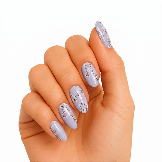 Lavender-grey glossy semi-cured gel nail wraps with white cherry blossom floral design