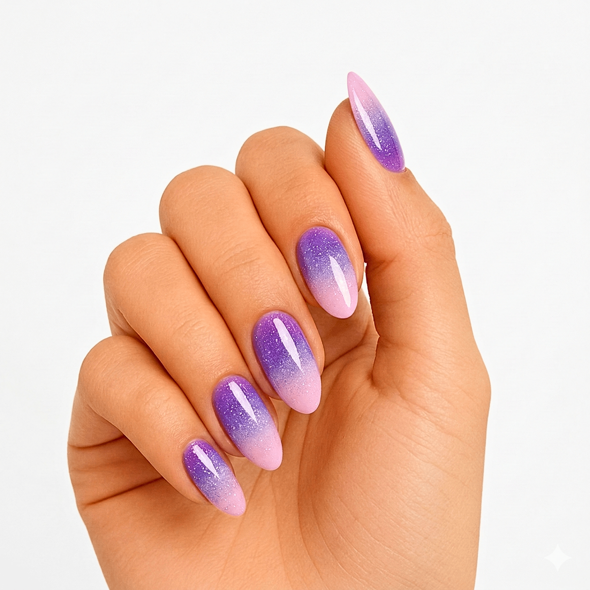 Purple-to-pink ombré semi-cured gel nail wraps with glossy glitter shimmer finish