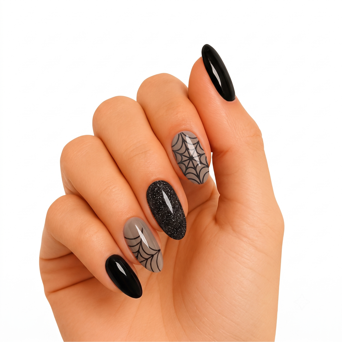 Glossy black and sheer taupe semi-cured gel wraps with spiderweb design and black glitter accent nail