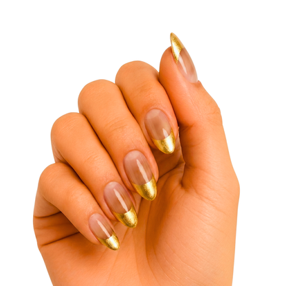 Sheer nude semi-cured gel nail wraps with metallic gold French tip on almond nails