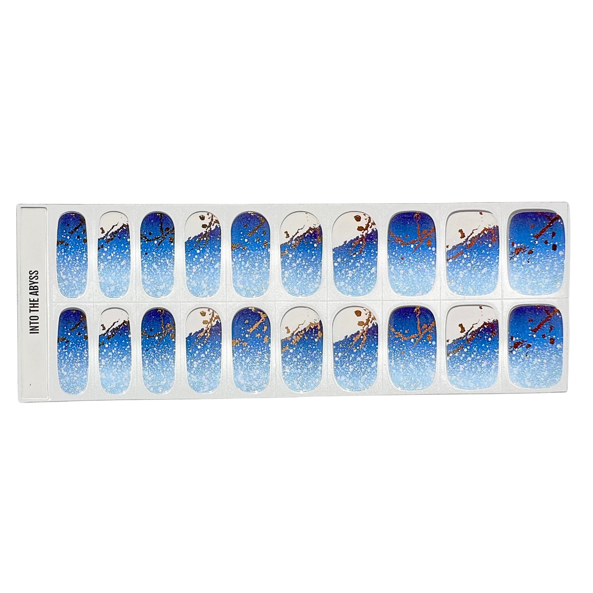 Blue ombre semi-cured gel nail wraps with gold speckled marble accents, Into the Abyss