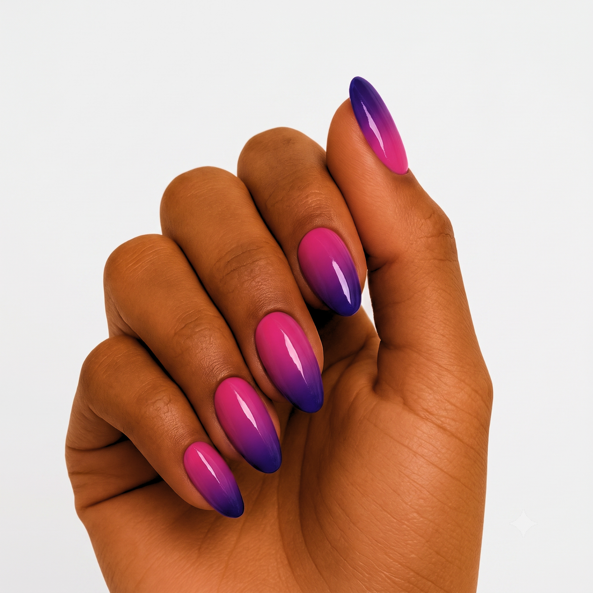 Semi-cured gel wrap, glossy almond nails, pink-to-purple ombré gradient finish