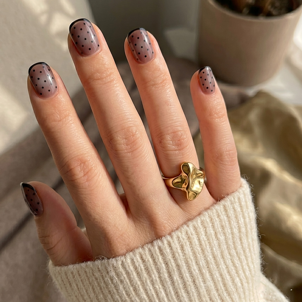 Short natural press-on nails in sheer mauve with black polka dots and tip outline.