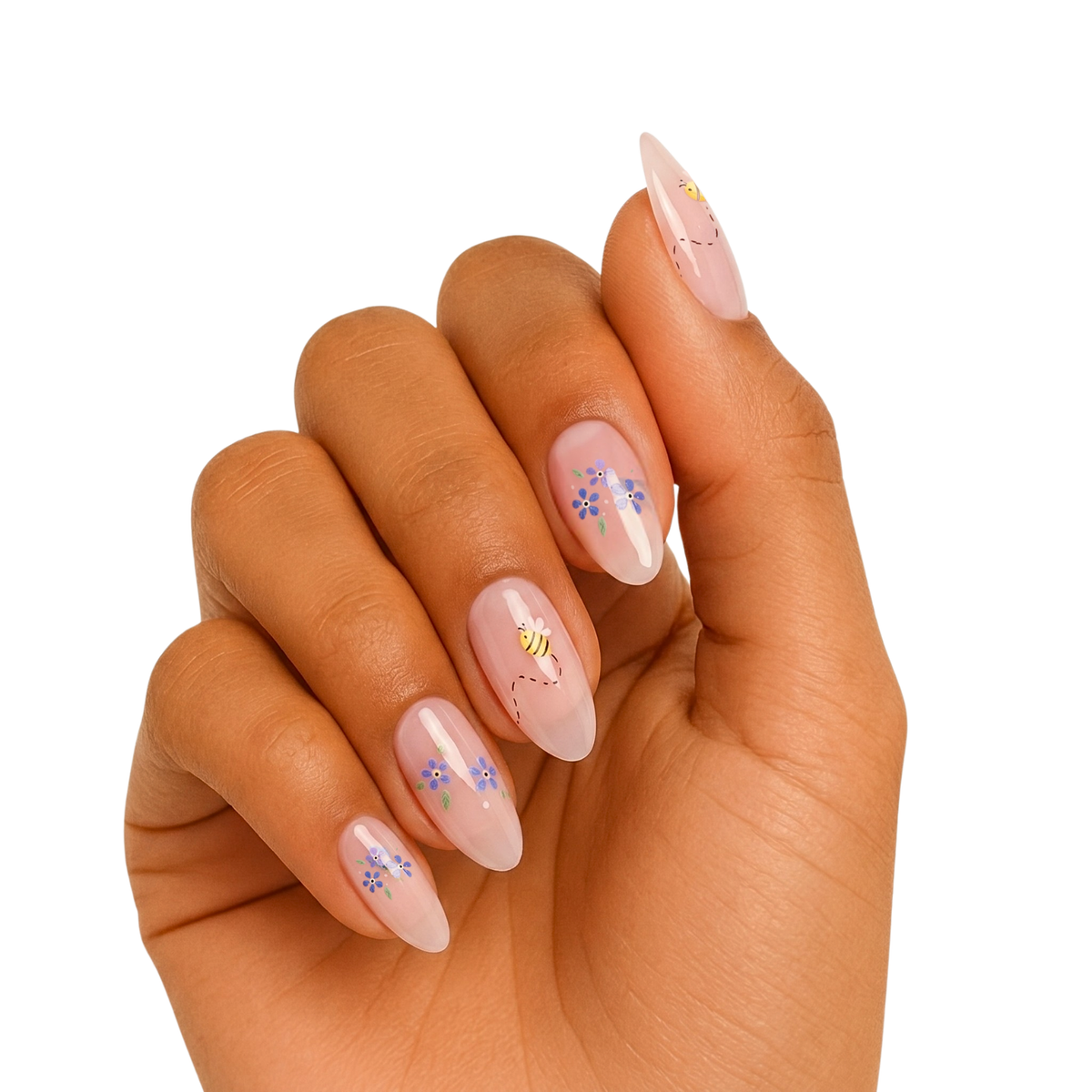 Sheer pink semi-cured gel wraps with blue floral and bee design, glossy finish