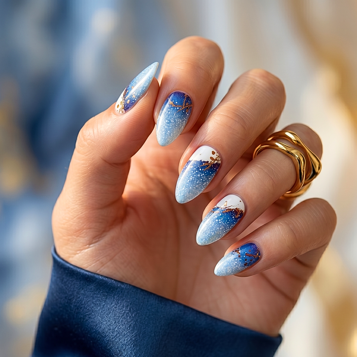 Blue and white glitter ombré semi-cured gel wraps with gold snowflake accents, almond shape