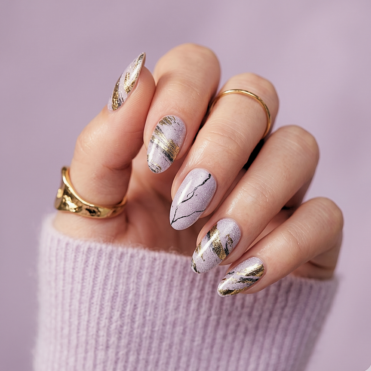 Lilac shimmer semi-cured gel nail wraps with gold foil marble and black crackle veining