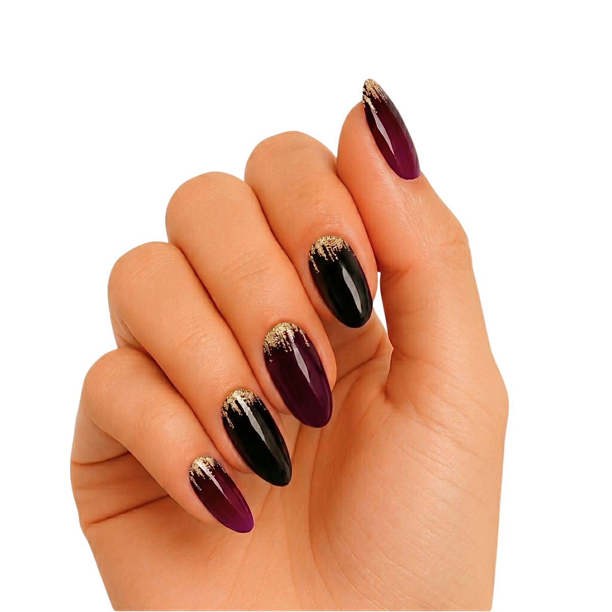 Glossy semi-cured gel wraps, black-to-plum ombré with gold glitter cuticle accents.