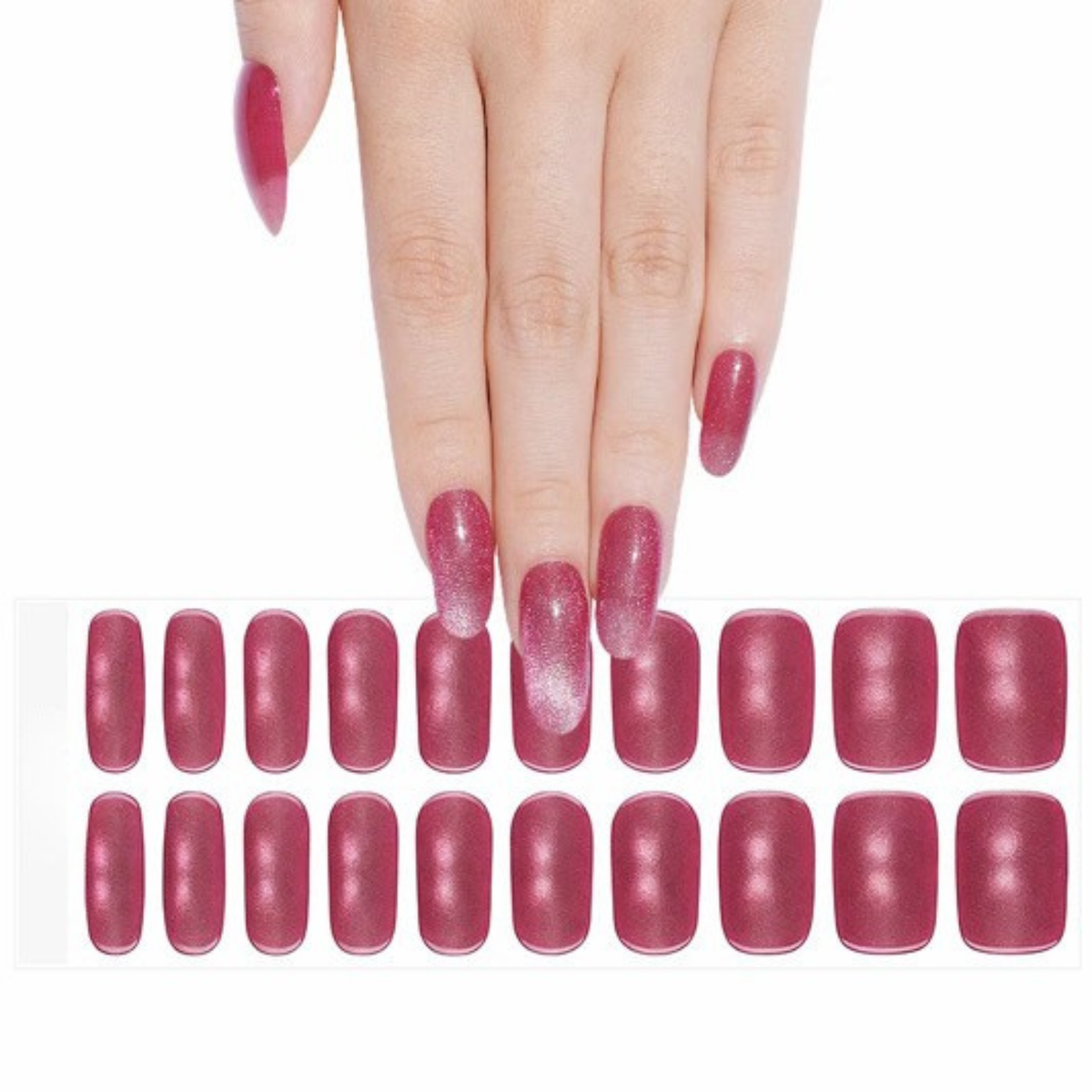 Berry pink shimmer semi-cured gel nail wraps, almond shape with metallic sheen