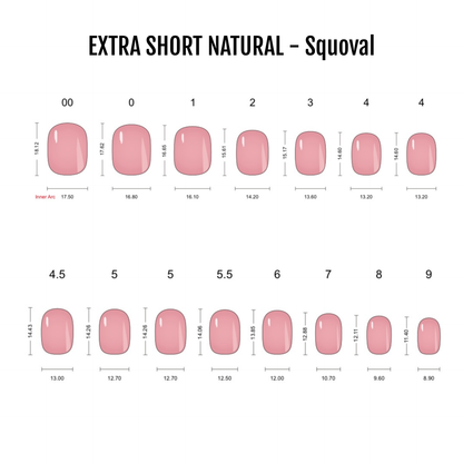 Extra short natural squoval press-on nails size chart, glossy pink swatch, sizes 00–9.