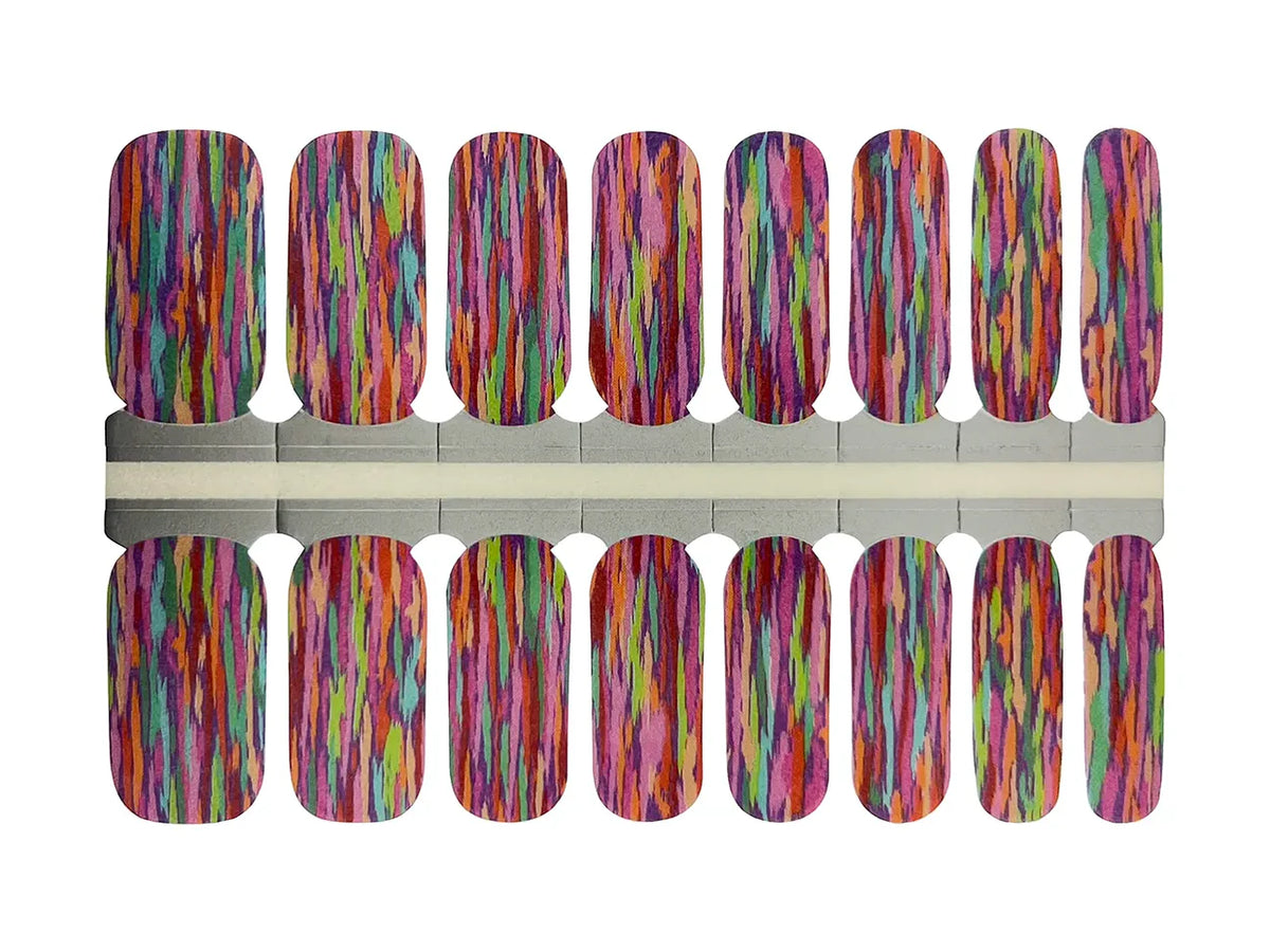 Multicoloured vertical brushstroke stripe pattern nail wraps in pink, purple and teal