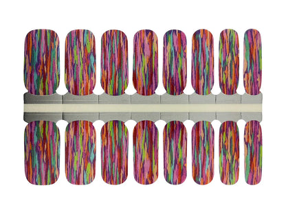 Multicoloured vertical brushstroke stripe pattern nail wraps in pink, purple and teal