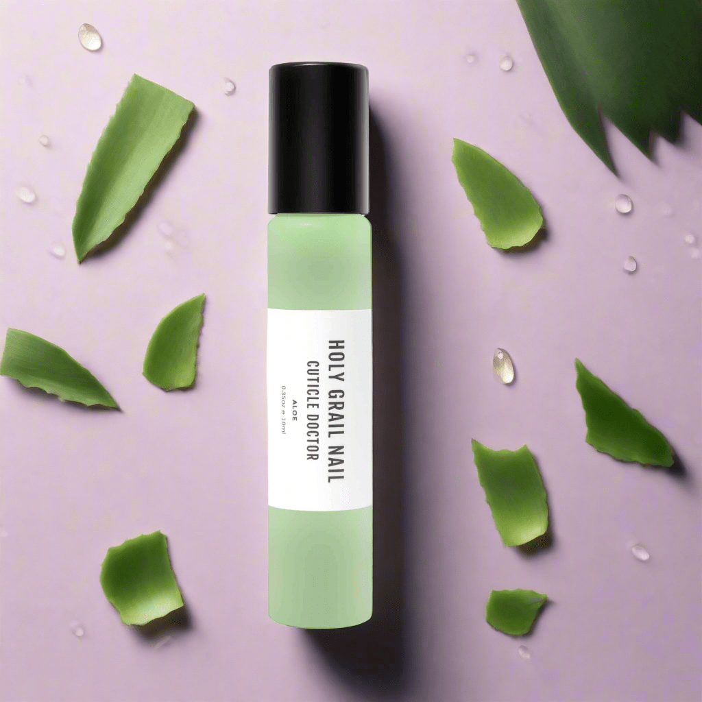 Green aloe cuticle oil pen surrounded by fresh aloe vera leaves