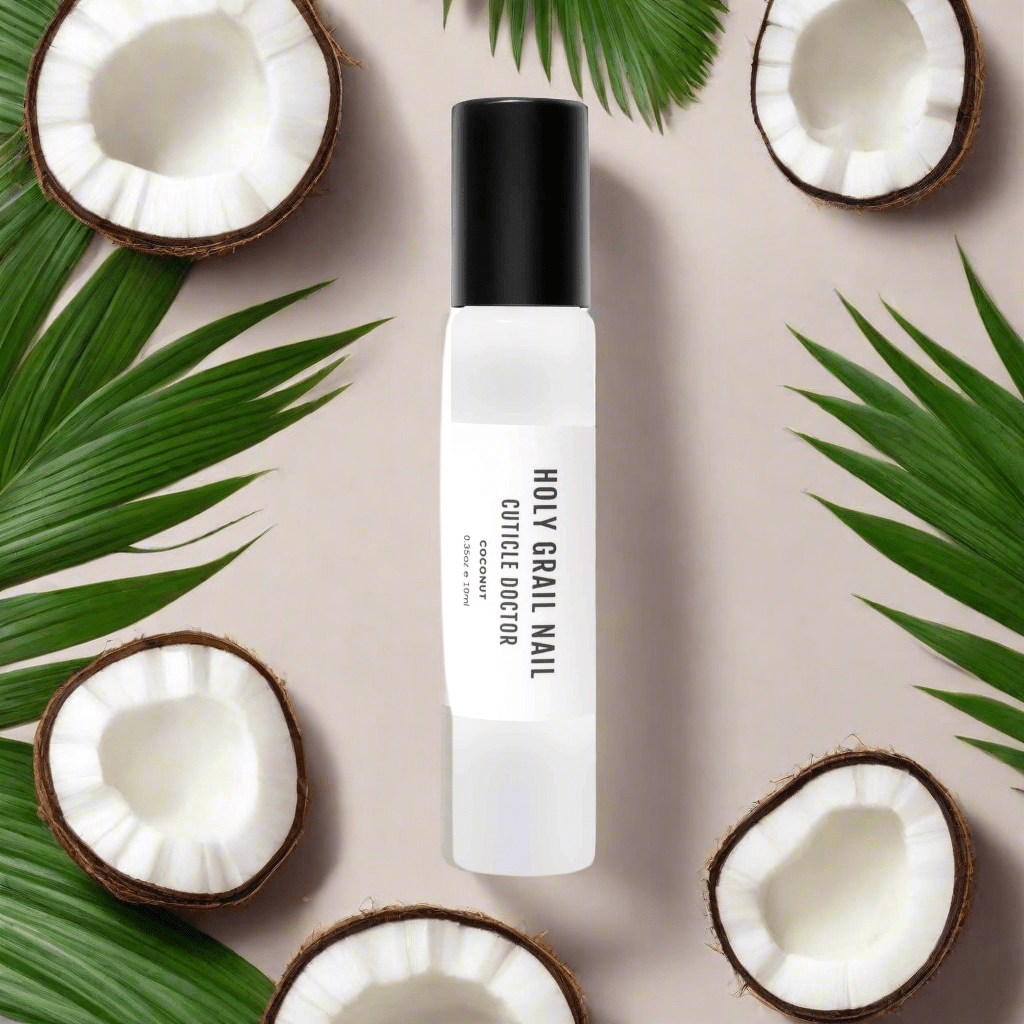 White coconut cuticle oil pen surrounded by coconut halves and palm leaves
